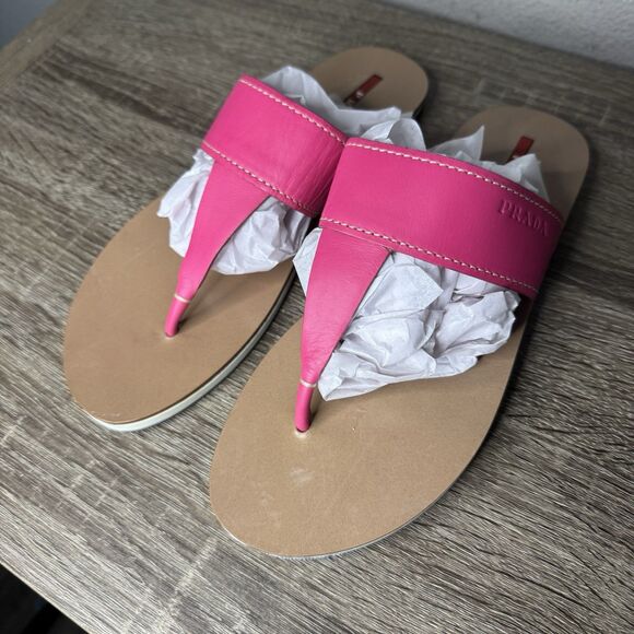 PRADA Women's Leather Sandals Bright Pink Thong 37.5 Italy Flats US 7 - Picture 1 of 11